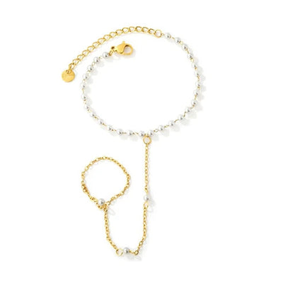 Stainless Steel Gold Color PVD White Imitation Pearl Linked Finger Bracelet With Round Tail Tag