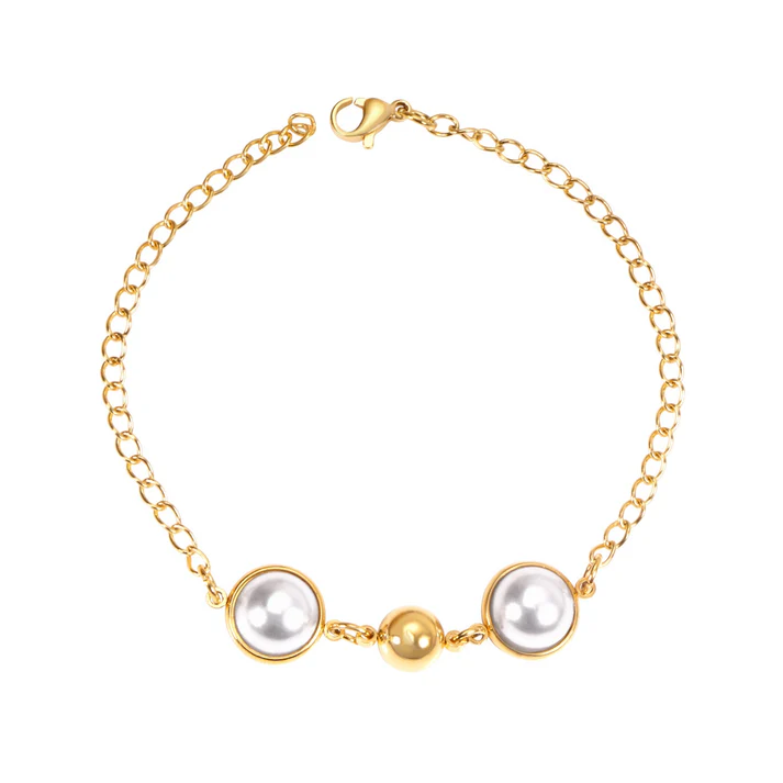 Stainless Steel Gold Color PVD White Pearls And Beads Bracelet