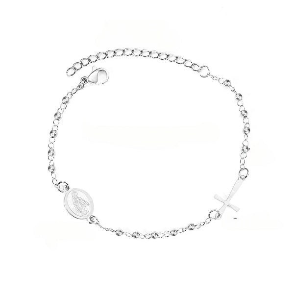 Stainless Steel Color PVD Steel Beaded Crystal Cross And Jesus Charm Bracelet With Adjustable Extender Chain