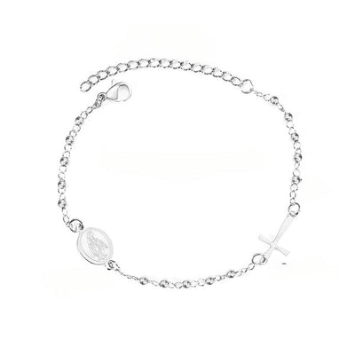 Stelluxe Stainless Steel Color PVD Steel Beaded Crystal Cross And Jesus Charm Bracelet With Adjustable Extender Chain