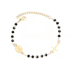 Stelluxe Stainless Steel Gold Color PVD Black Beaded Crystal Cross And Jesus Charm Bracelet With Adjustable Extender Chain