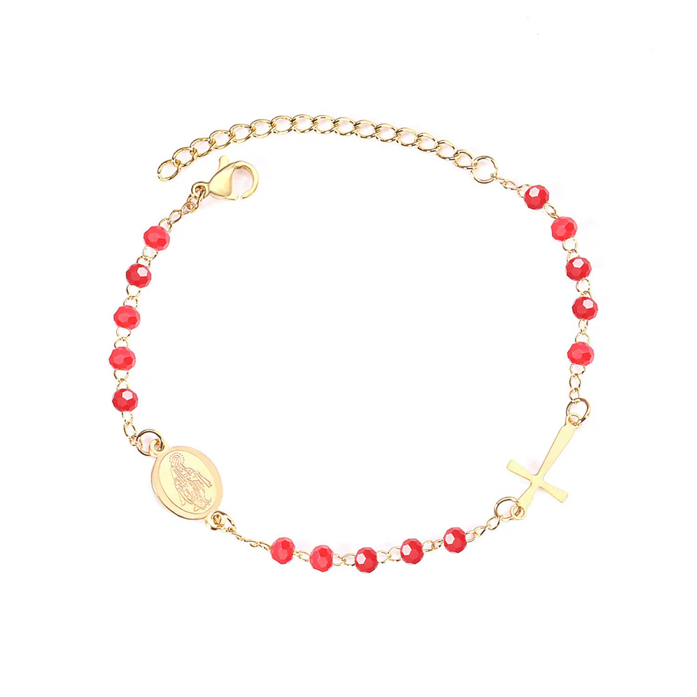 Stainless Steel Gold Color PVD Red Beaded Crystal Cross And Jesus Charm Bracelet With Adjustable Extender Chain