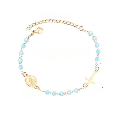 Stelluxe Stainless Steel Gold Color PVD Light Blue Beaded Crystal Cross And Jesus Charm Bracelet With Adjustable Extender Chain