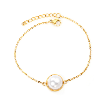 Stelluxe Stainless Steel Gold Color PVD Round With Half White Pearl Bracelet