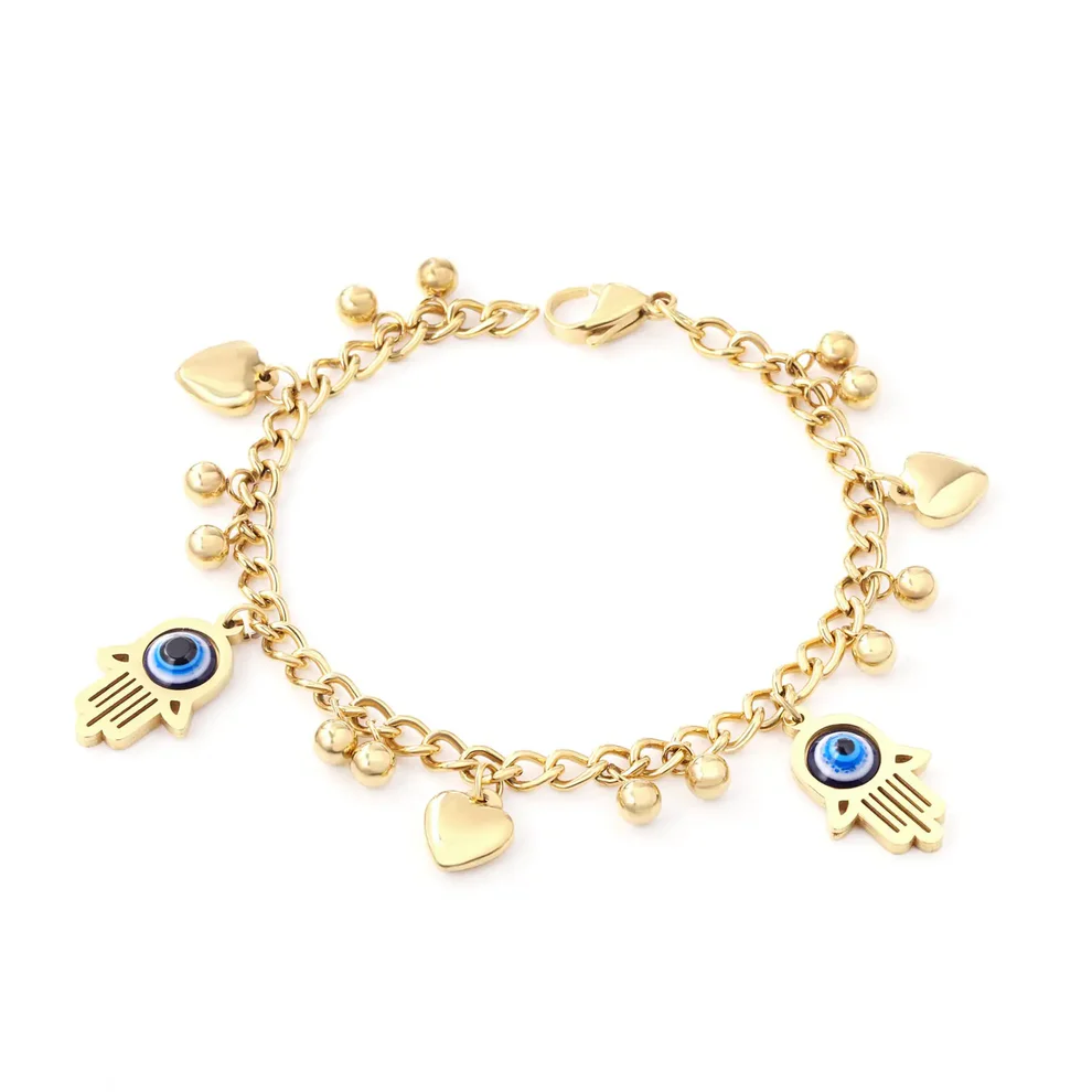 Stainless Steel Gold Color PVD Heart Beads And Blue Cat's Eye Bracelet
