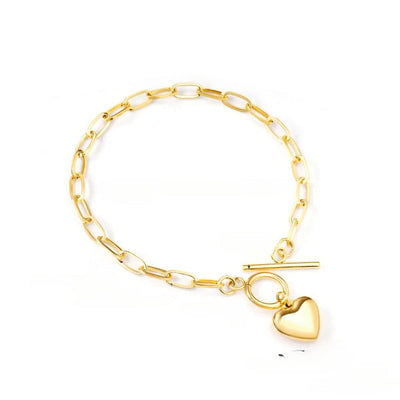Stelluxe Stainless Steel Gold Color PVD Heart Pendant Toggle Clasp Bracelet