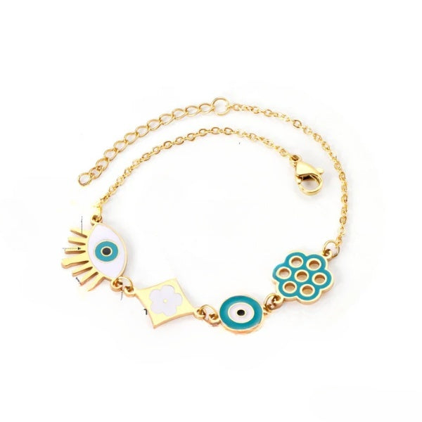 Stainless Steel Gold Color PVD Blue Eye With Geometric Charm Punk Party Bracelet