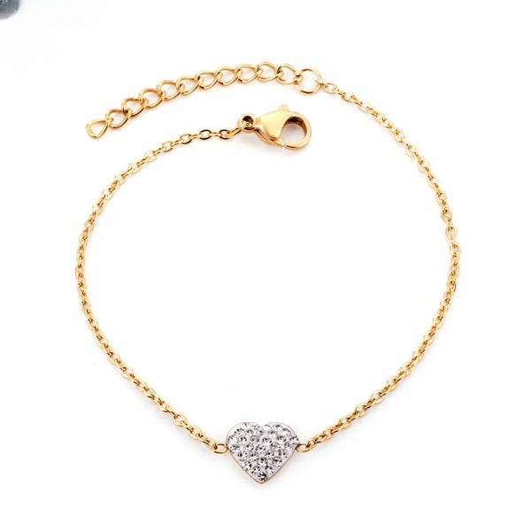 Stainless Steel Gold Color PVD Trendy Cubic Zirconia Heart Shape Chain Bracelet
