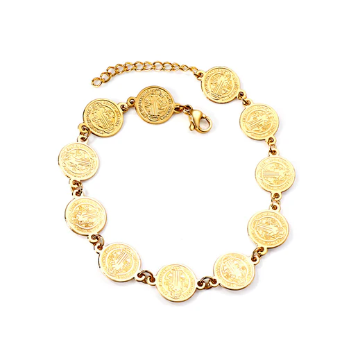 Stainless Steel Gold Color PVD 11 Round With Portrait Charm Bracelet