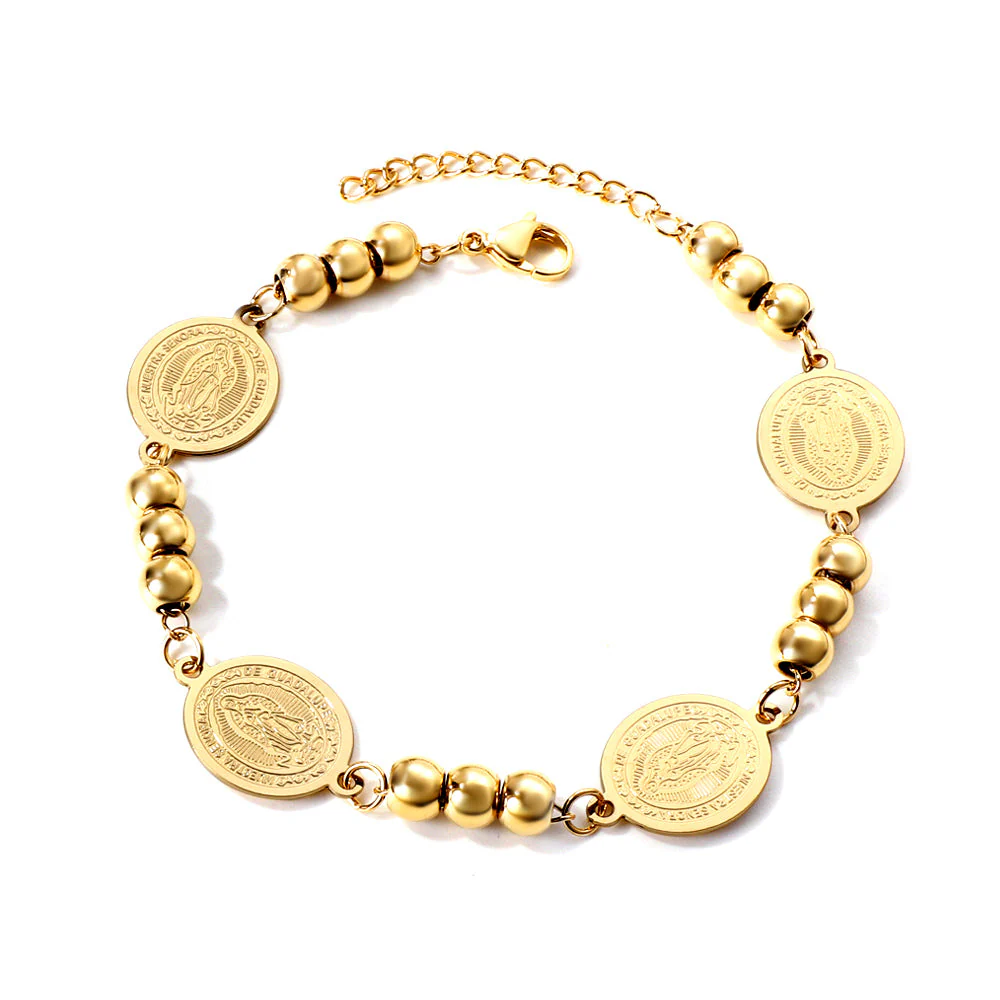 Stainless Steel Gold Color PVD 4 Oval Figures With 3 Beads Charm Bracelet