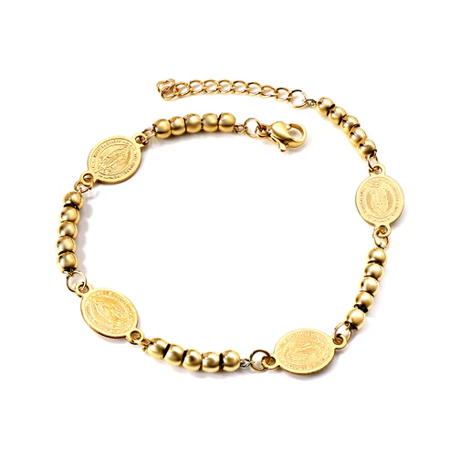 Stainless Steel Gold Color PVD 4 Oval Portraits With 5 Beads Charm Bracelet