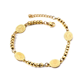 Tresoli Stainless Steel Gold Color PVD 4 Oval Portraits With 5 Beads Charm Bracelet