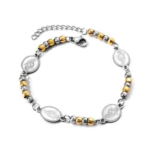Stainless Steel Color PVD 4 Oval Portraits With 5 Gradual Beads Charm Bracelet