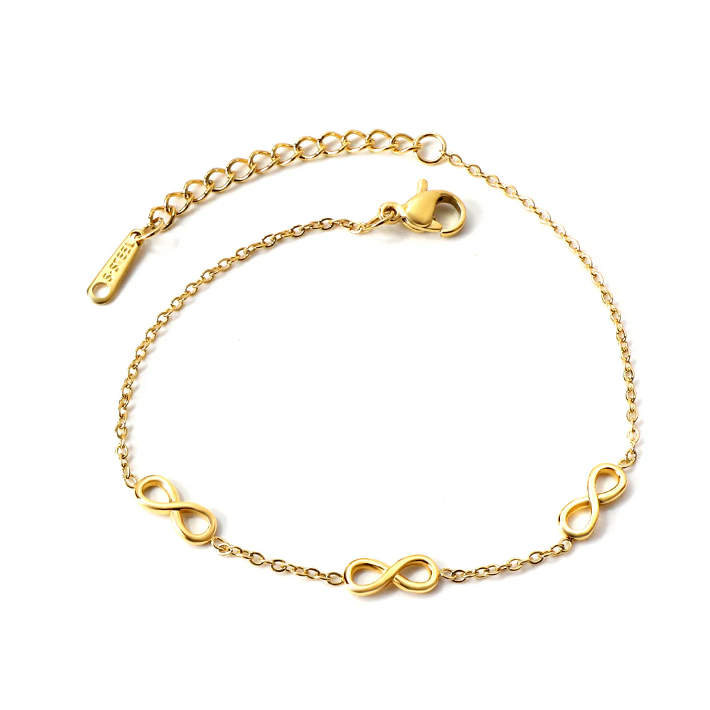 Stainless Steel Gold Color PVD Three 8 Charm Bracelet