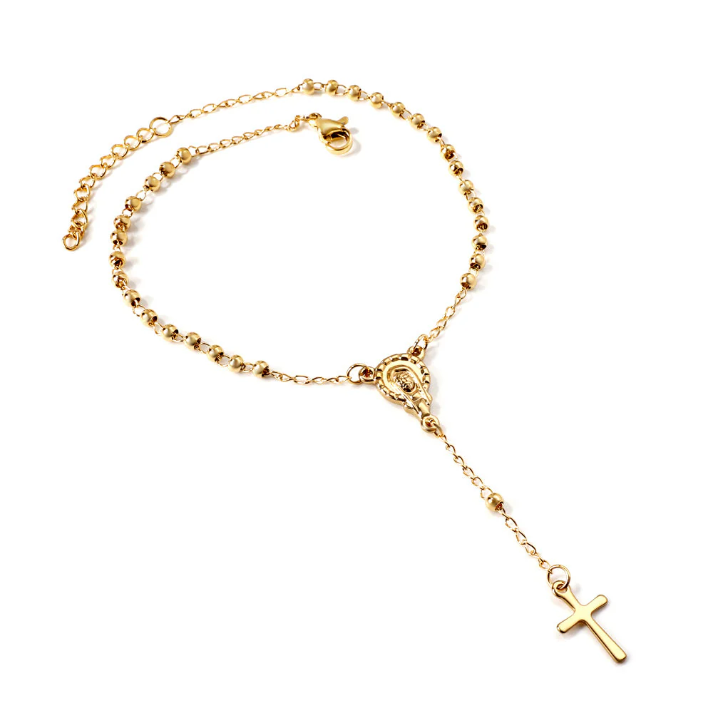 Stainless Steel Gold Color PVD 1 Oval With Portrait And 31 Balls And Cross Pendant Bracelet