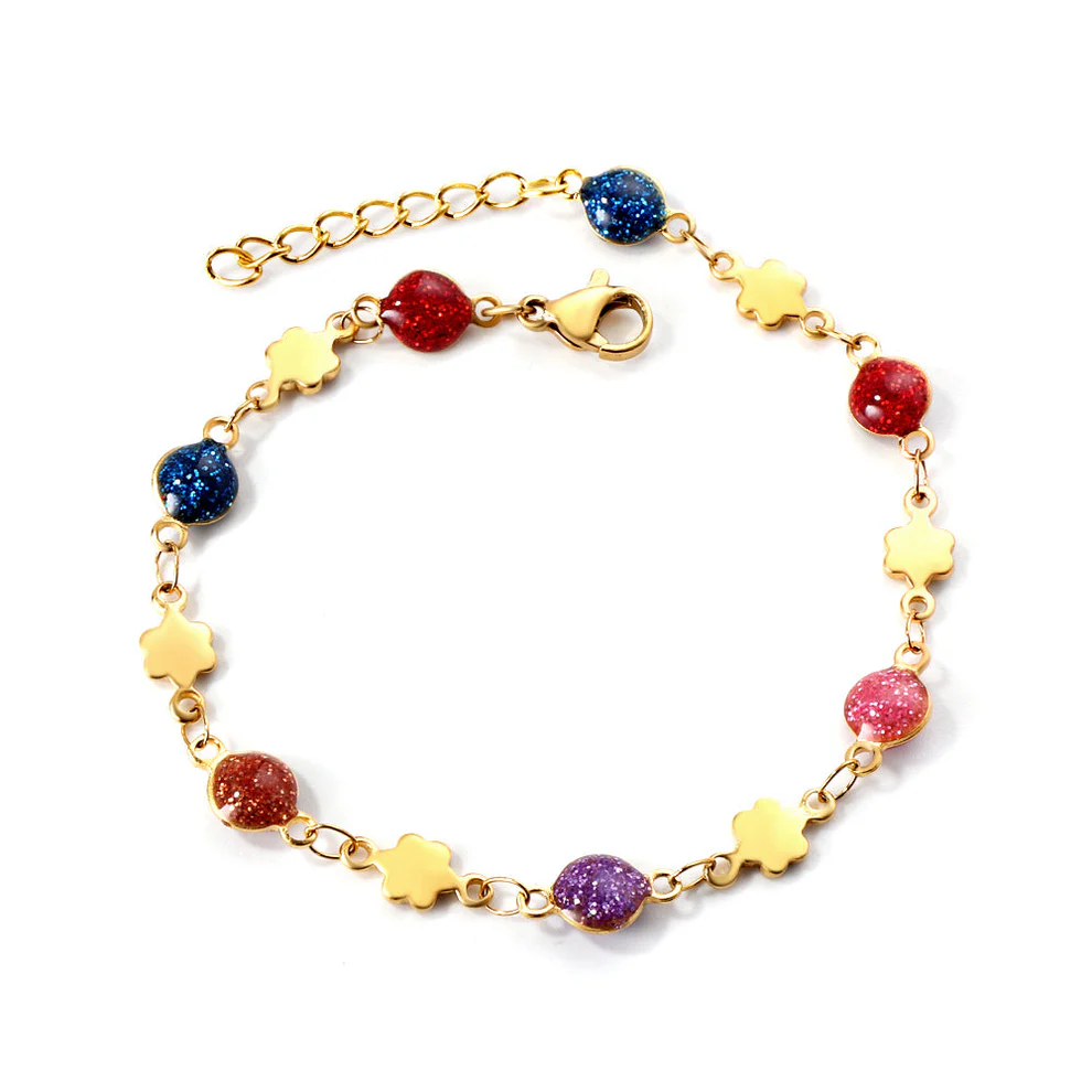 Stainless Steel Gold Color PVD Mixed Color Sand Stones With Peach Blossom Pendant Bracelet