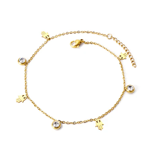 Stainless Steel Gold Color PVD 4 Palms With 3 Round Diamonds Charm Bracelet