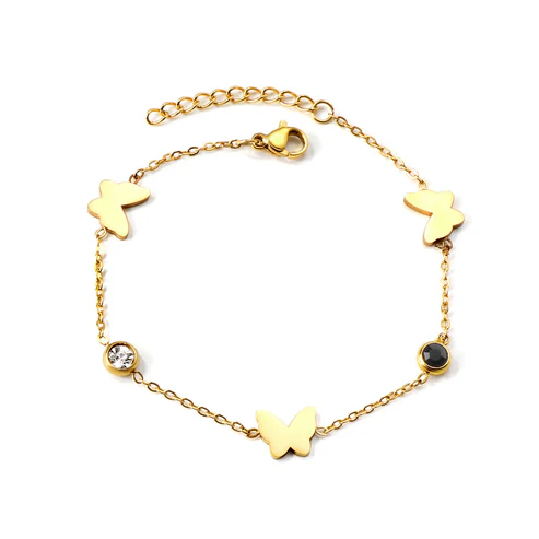 Stainless Steel Gold Color PVD 3 Butterfly With 2 Mixed Color Diamonds Soft Bracelet
