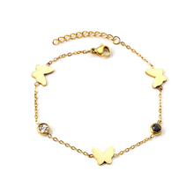 Load image into Gallery viewer, Tresoli Stainless Steel Gold Color PVD 3 Butterfly With 2 Mixed Color Diamonds Soft Bracelet