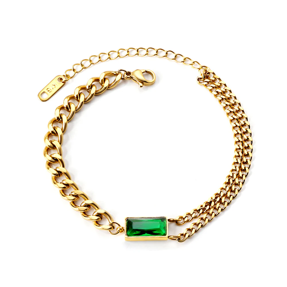 Stainless Steel Gold Color PVD Rectangle With Green Diamond Soft Bracelet