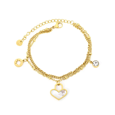 Stelluxe Stainless Steel Gold Color PVD Round Cylinder White Diamond Lucky Star Heart Shaped White Shell Bead Chain Bracelet With Round Tag