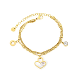 Stelluxe Stainless Steel Gold Color PVD Round Cylinder White Diamond Lucky Star Heart Shaped White Shell Bead Chain Bracelet With Round Tag