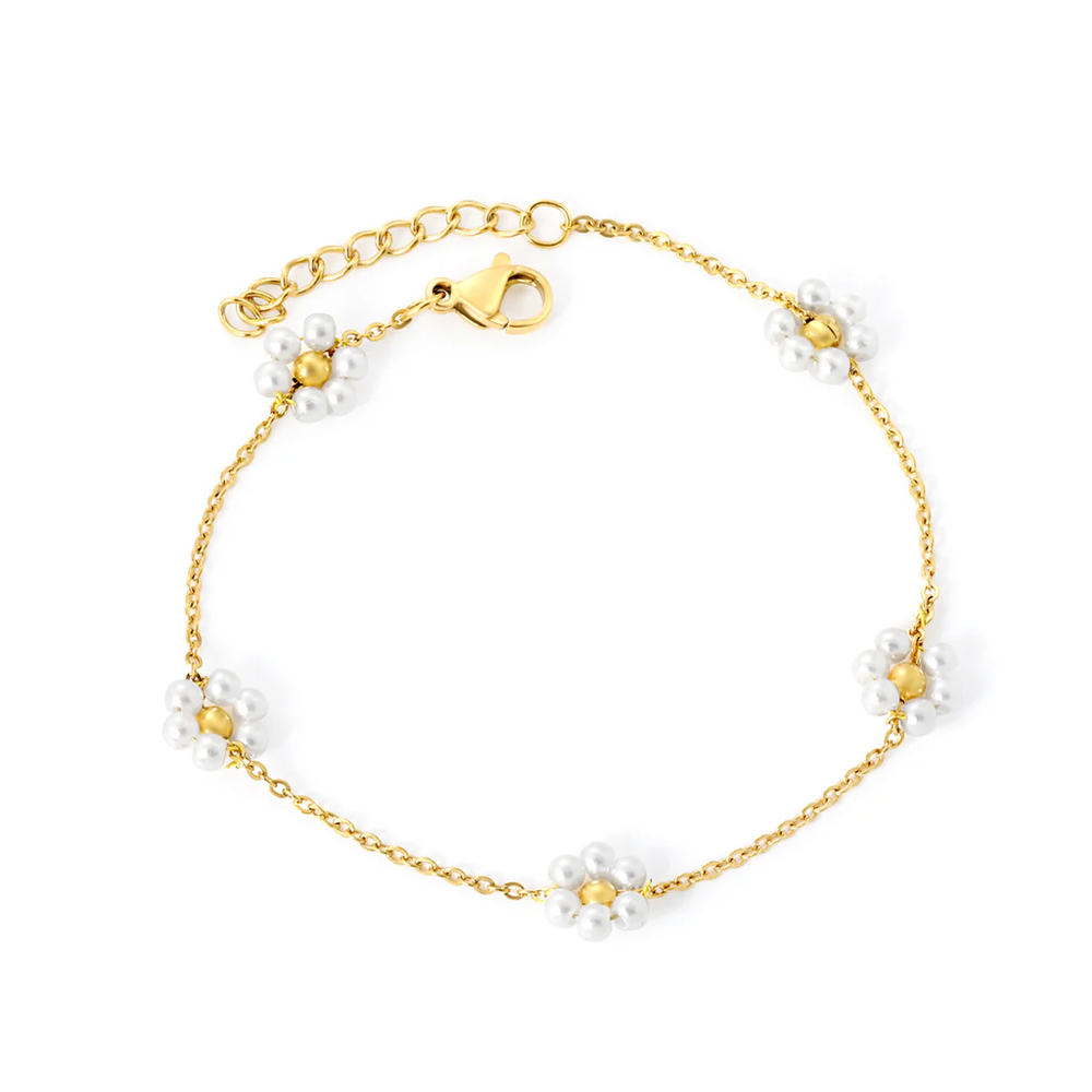 Stainless Steel Gold Color PVD Bead And Pearl Bracelet