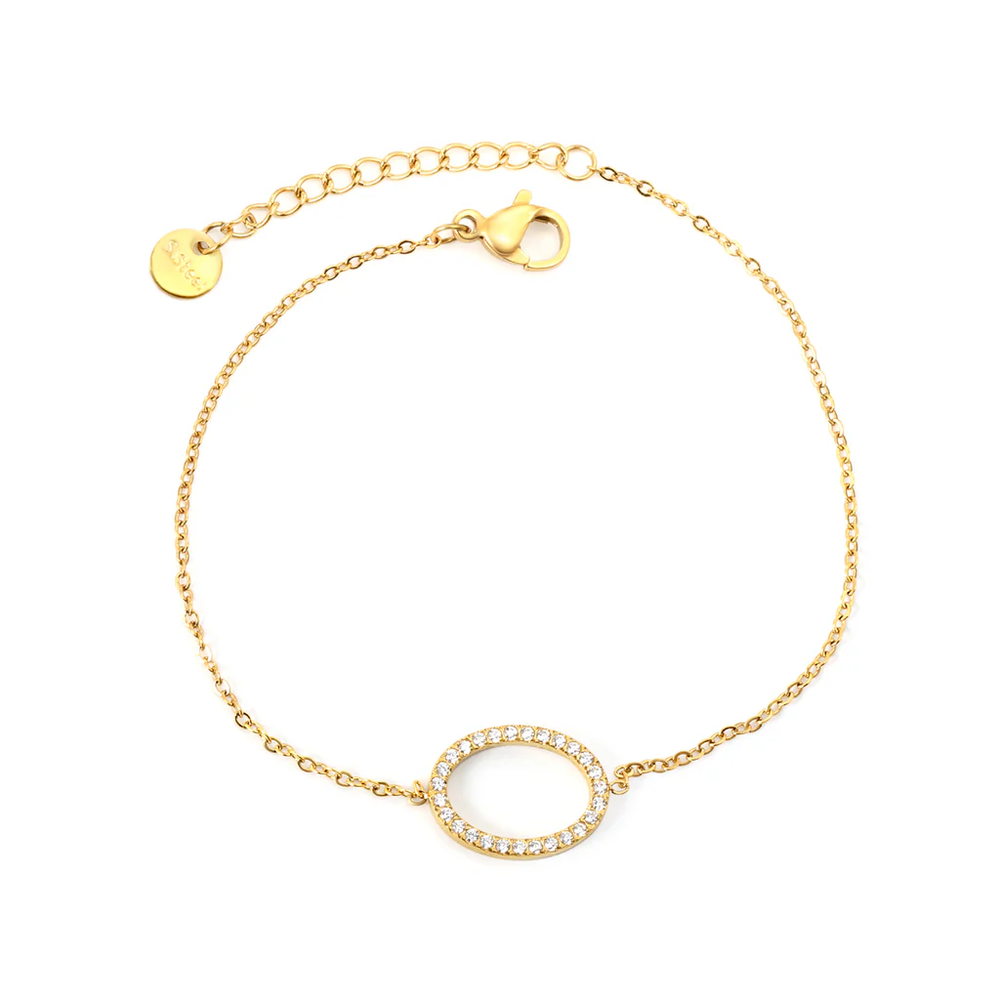 Stainless Steel Gold Color PVD Oval Hollow CNC White Zirconia Pendant 0.3mm Cross Round Plague Bracelet