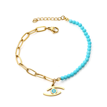 Load image into Gallery viewer, Stelluxe Stainless Steel Gold Color PVD Lake Blue Eye Pendant With Blue Beads Chain Bracelet