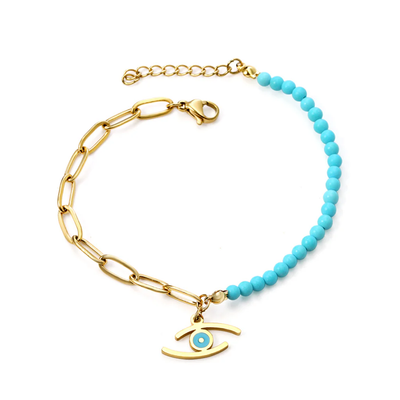 Stelluxe Stainless Steel Gold Color PVD Lake Blue Eye Pendant With Blue Beads Chain Bracelet