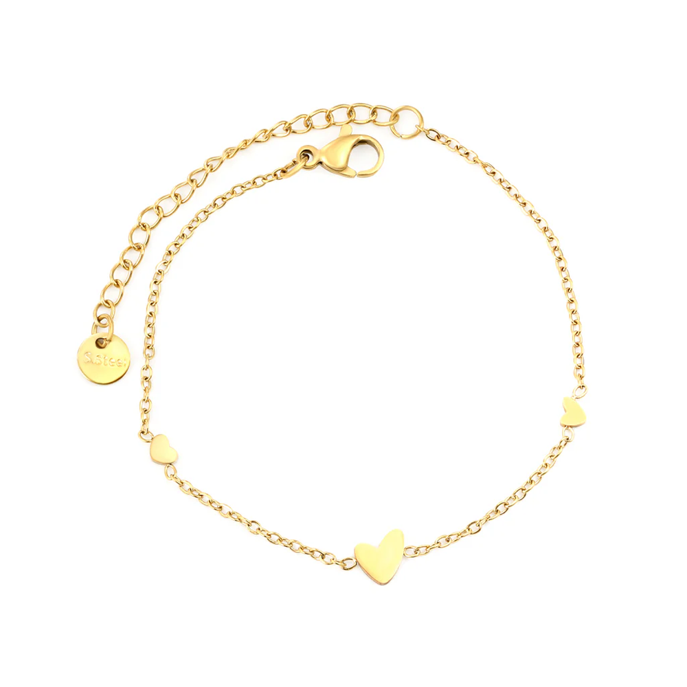 Stainless Steel Gold Color PVD 1 Crooked Heart And 2 Small Heart 0.3mm Cross Chain Round Plague Bracelet