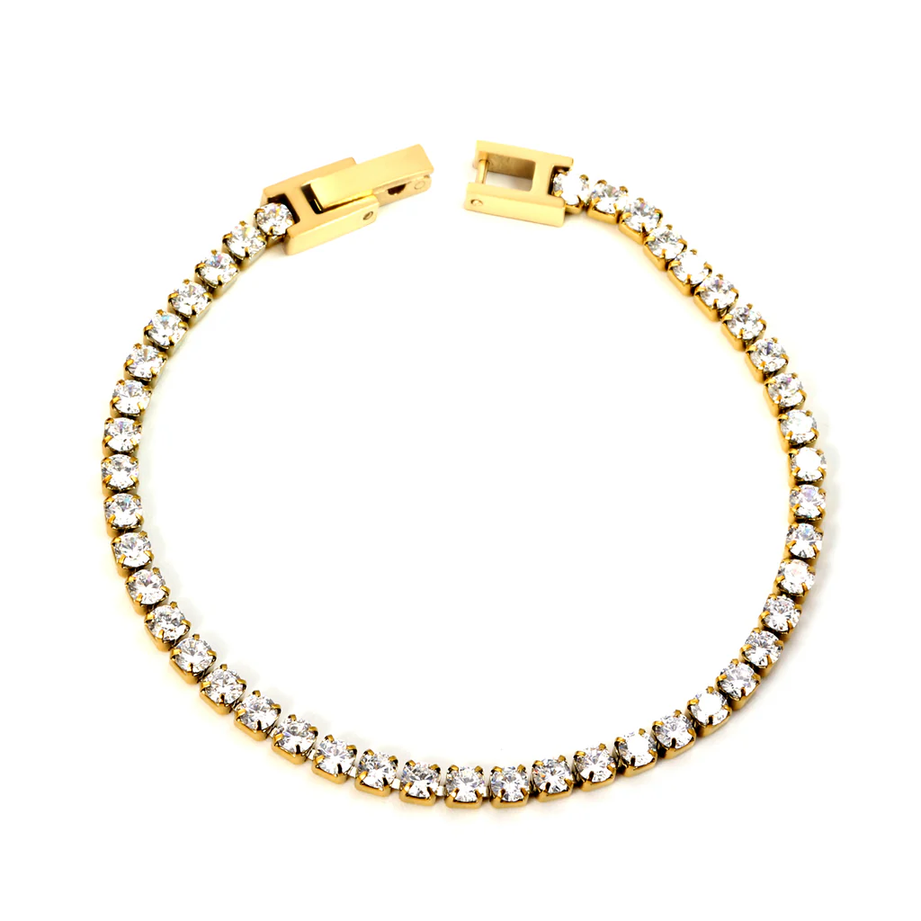 Stelluxe Stainless Steel Gold Color PVD Round White Zirconia Clasp Bracelet