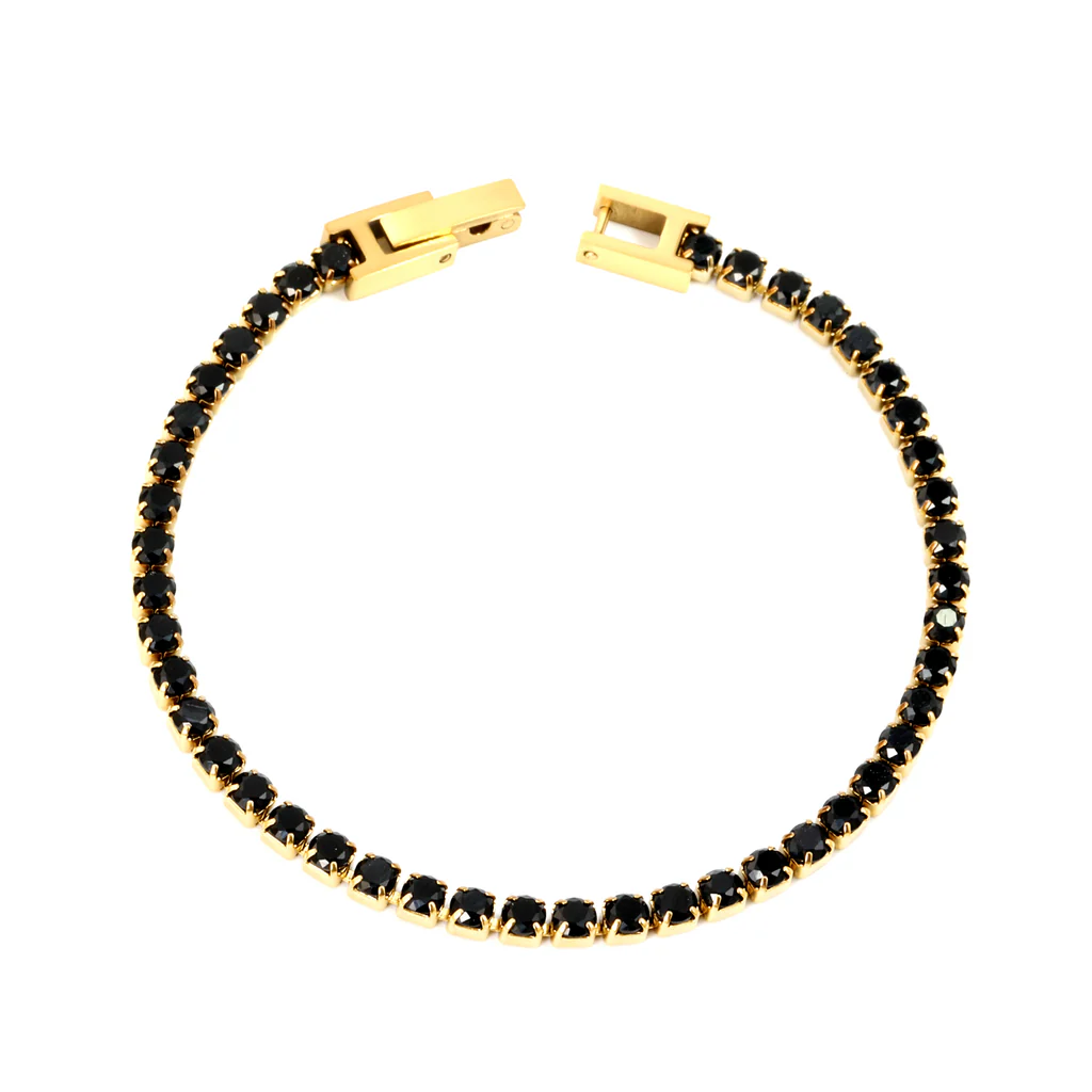 Stelluxe Stainless Steel Gold Color PVD Round Black Crystal Clasp Bracelet