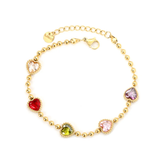 Stelluxe Stainless Steel Gold Color PVD Mixed Color Zirconia Heart Bead Chain Bracelet With Round Tag