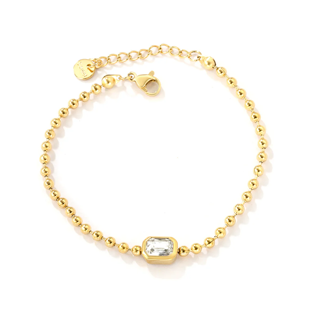 Tresoli Stainless Steel Gold Color PVD Rectangular White Cubic Zirconia Bead Chain Round Pendant Bracelet