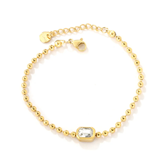 Stelluxe Stainless Steel Gold Color PVD Rectangular White Cubic Zirconia Bead Chain Round Pendant Bracelet