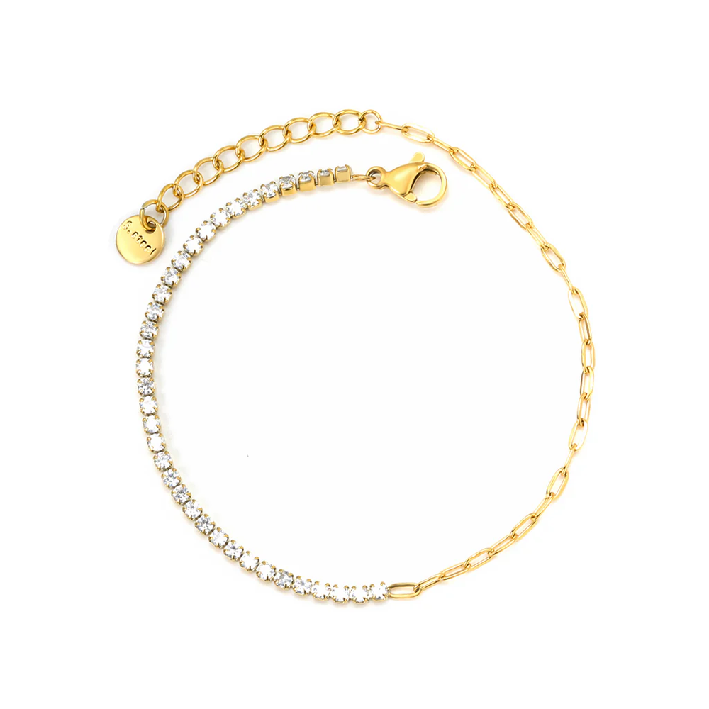 Stainless Steel Gold Color PVD Four Prong Round White Zirconia Bracelet