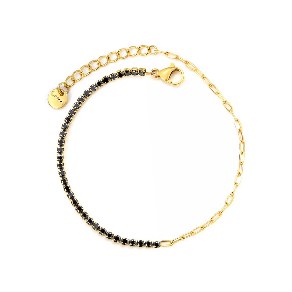 Stainless Steel Gold Color PVD Four Prong Round Black Zirconia Bracelet