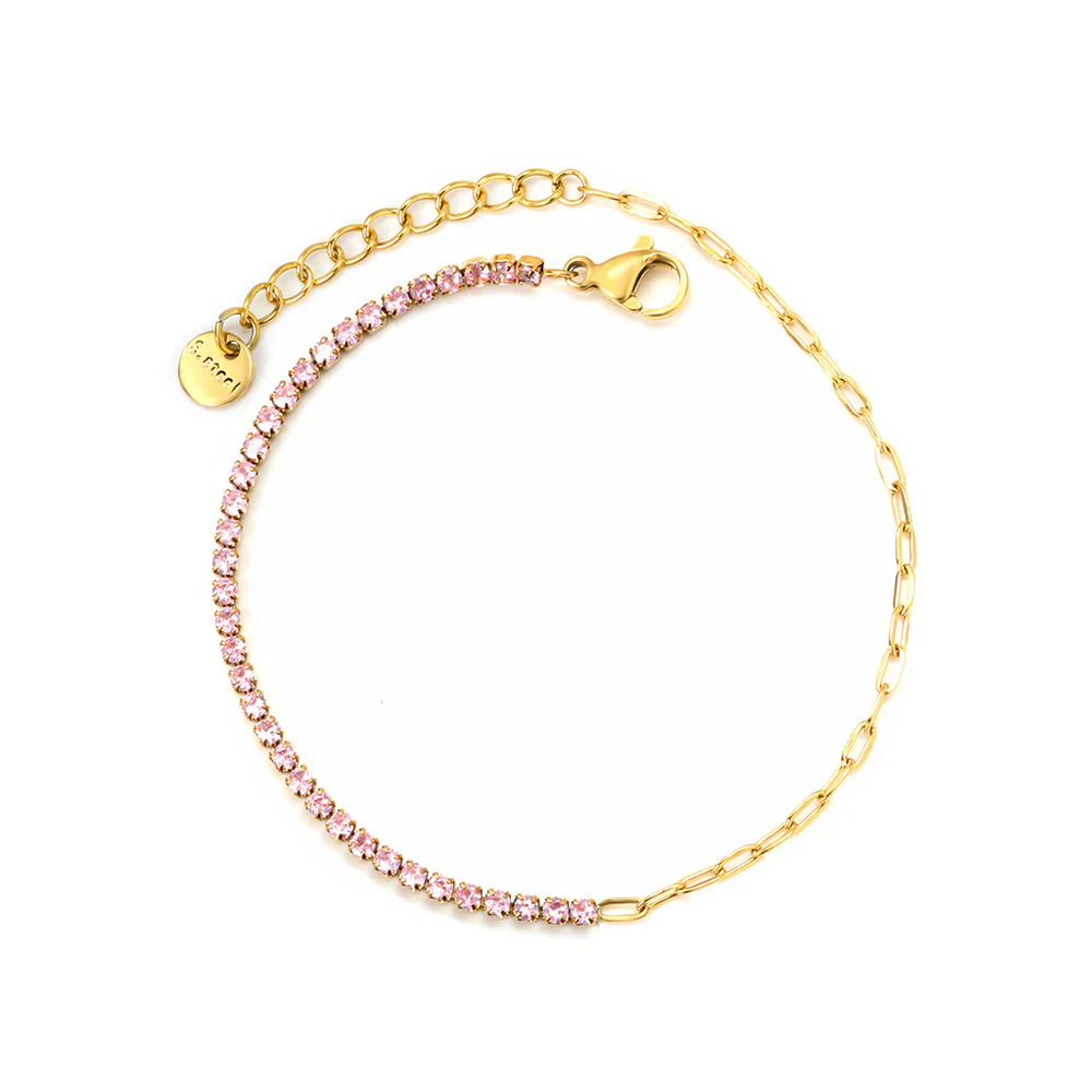 Stainless Steel Gold Color PVD Four Prong Round Pink Zirconia Bracelet