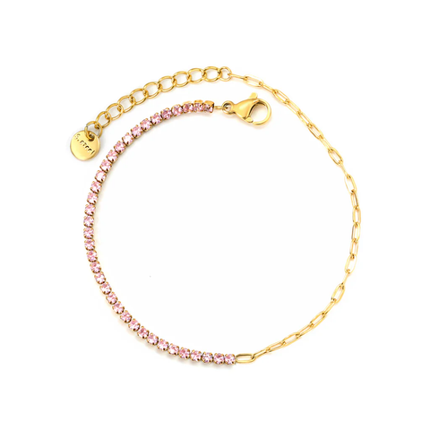 Stelluxe Stainless Steel Gold Color PVD Four Prong Round Pink Zirconia Bracelet