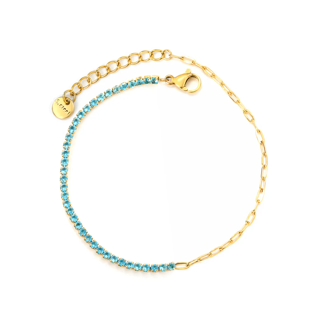 Stelluxe Stainless Steel Gold Color PVD Four Prong Round Light Blue Zirconia Bracelet