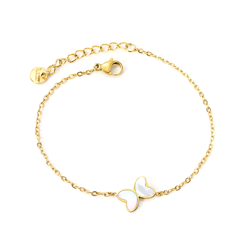 Stainless Steel Round Tail Plague Gold Color PVD Butterfly With White Shell Oil Bracelet With Cross Chain