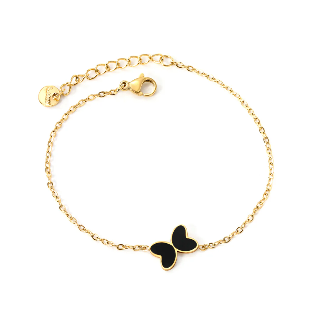 Stainless Steel Round Tail Plague Gold Color PVD Butterfly With Black Yak Oil Bracelet With Cross Chain
