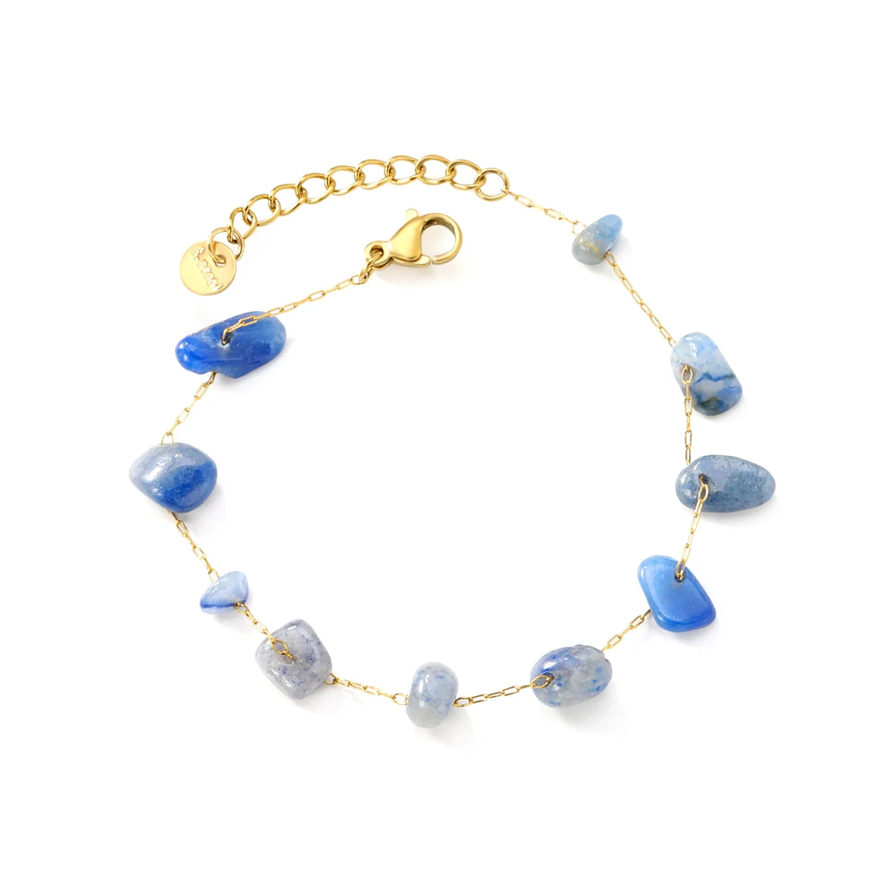 Stainless Steel Gold Color PVD Sky Blue Stone Cross Chain Bracelet