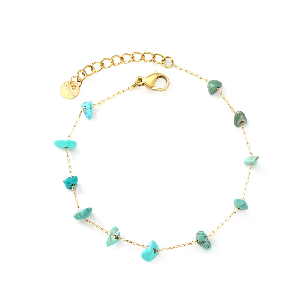 Stainless Steel Gold Color PVD Turquoise Stone Cross Chain Bracelet