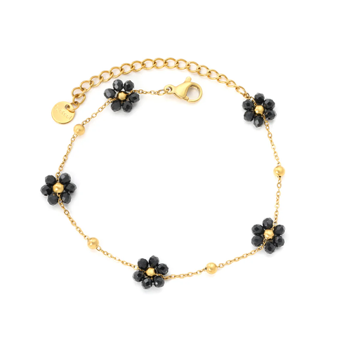 Stelluxe Stainless Steel Gold Color PVD Black Flower And Bead Cross Chain Bracelet