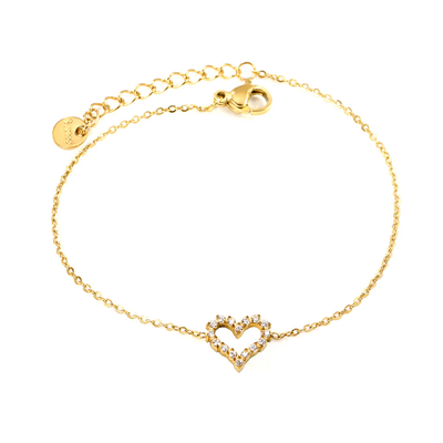 Stelluxe Stainless Steel Gold Color PVD Hollow Heart CNC White Zirconium Bracelet With Round Tag