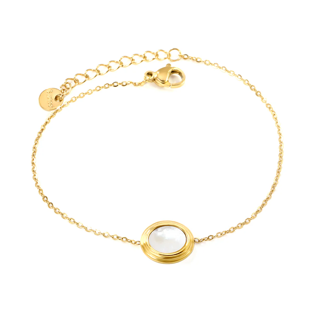 Stelluxe Stainless Steel Round Plague Gold Color PVD Steps Oval With White Shell Bracelet With 0.3 Cross Chain