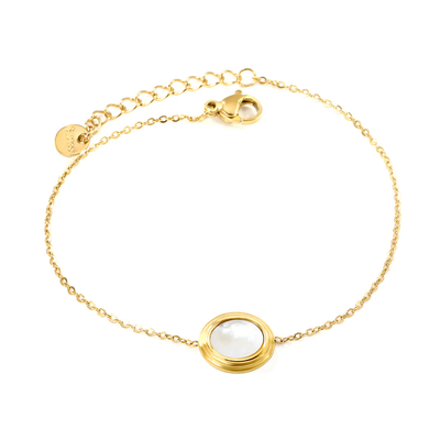 Stelluxe Stainless Steel Round Plague Gold Color PVD Steps Oval With White Shell Bracelet With 0.3 Cross Chain