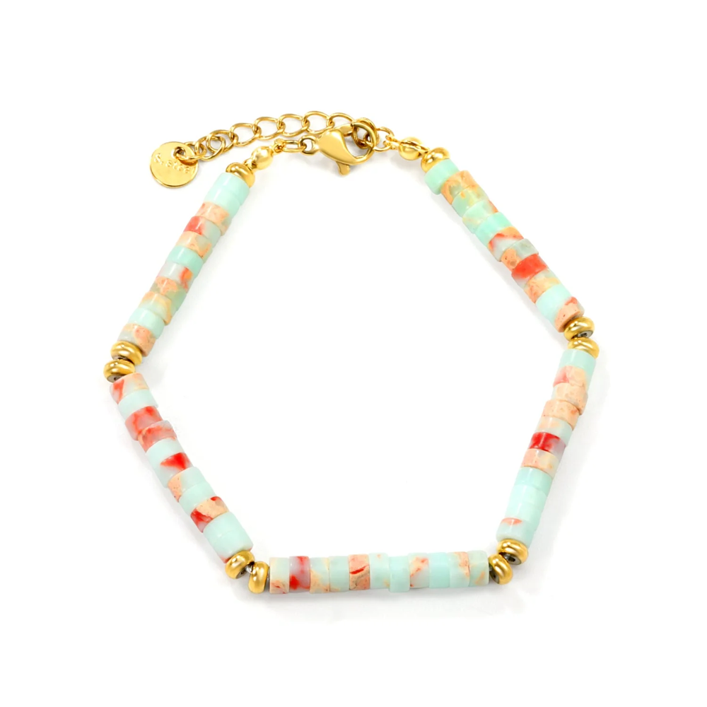 Stainless Steel Gold Color PVD Cylindrical Shoushan Stone Round Flat Gold Beads Bracelet